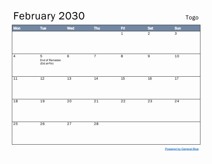 February 2030 Simple Monthly Calendar for Togo