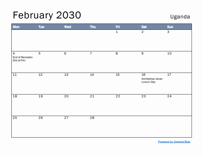 February 2030 Simple Monthly Calendar for Uganda