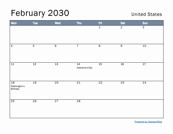 February 2030 Simple Monthly Calendar for United States