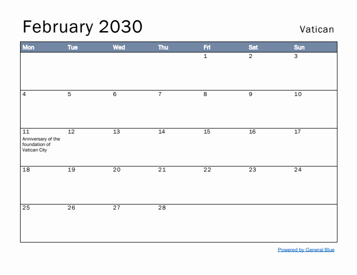 February 2030 Simple Monthly Calendar for Vatican