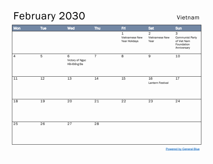 February 2030 Simple Monthly Calendar for Vietnam