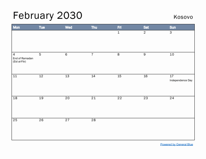 February 2030 Simple Monthly Calendar for Kosovo