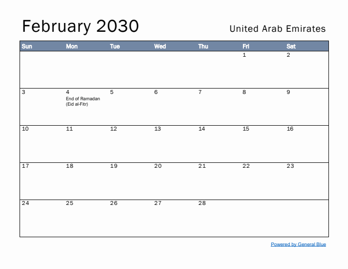 February 2030 Simple Monthly Calendar for United Arab Emirates