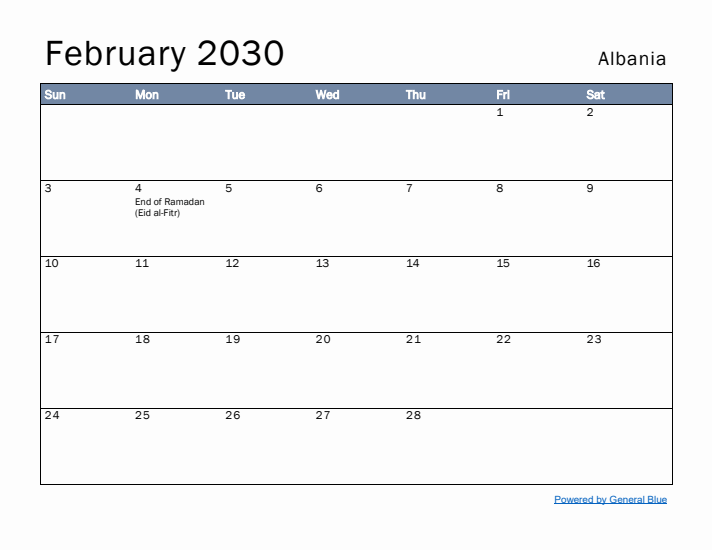 February 2030 Simple Monthly Calendar for Albania