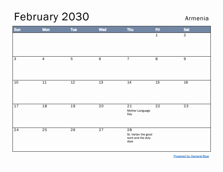 February 2030 Simple Monthly Calendar for Armenia