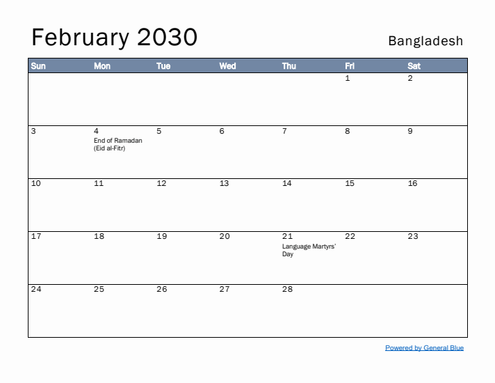 February 2030 Simple Monthly Calendar for Bangladesh