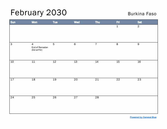 February 2030 Simple Monthly Calendar for Burkina Faso