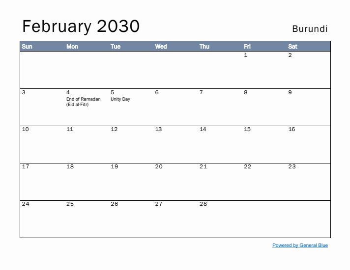 February 2030 Simple Monthly Calendar for Burundi