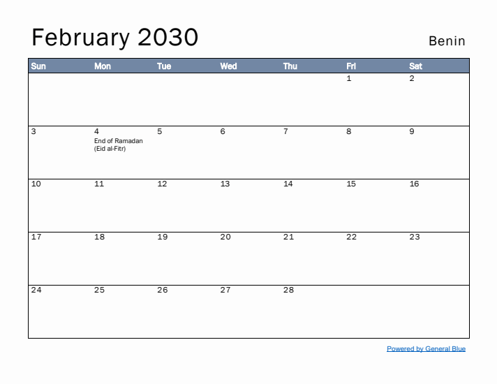 February 2030 Simple Monthly Calendar for Benin