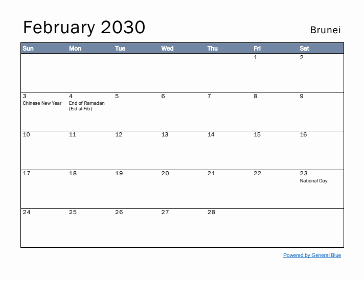 February 2030 Simple Monthly Calendar for Brunei