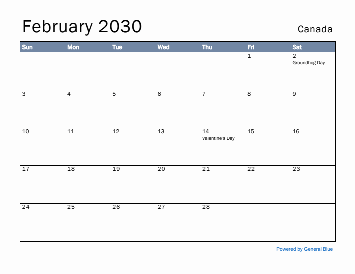 February 2030 Simple Monthly Calendar for Canada