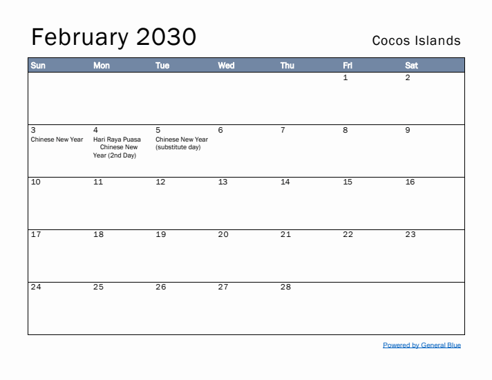 February 2030 Simple Monthly Calendar for Cocos Islands