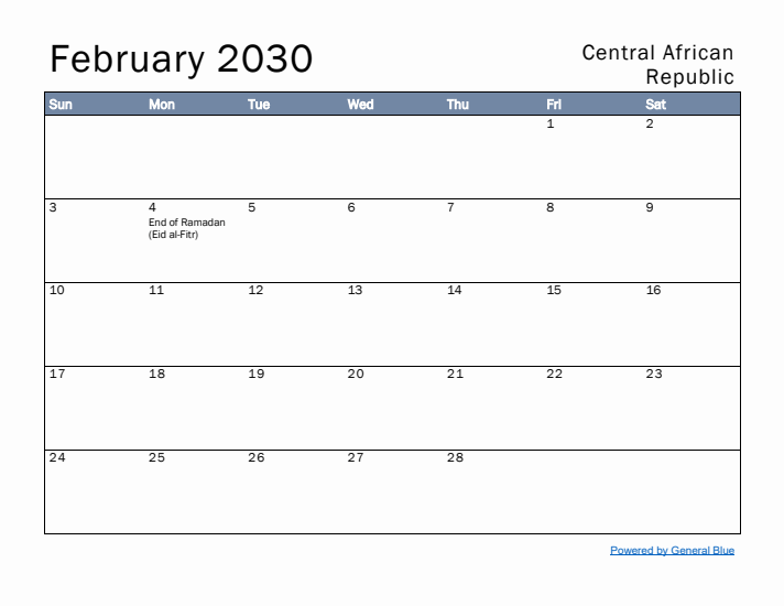 February 2030 Simple Monthly Calendar for Central African Republic