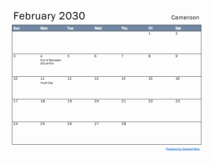 February 2030 Simple Monthly Calendar for Cameroon