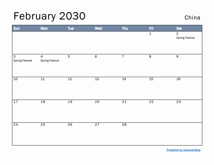 February 2030 Simple Monthly Calendar for China