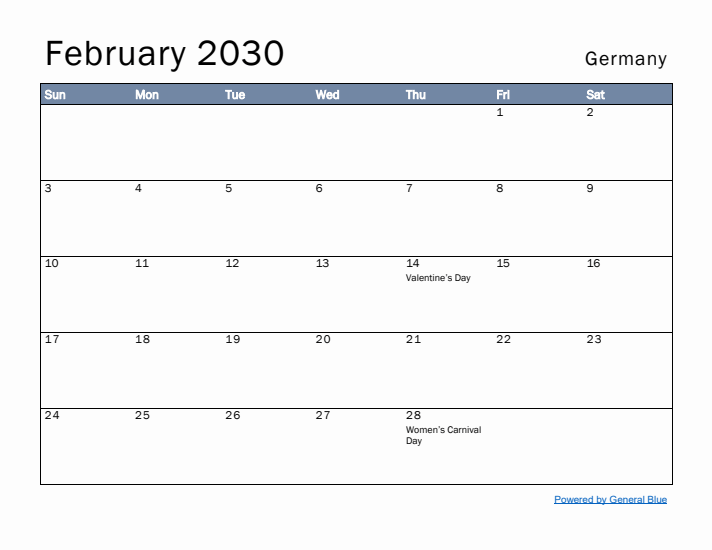 February 2030 Simple Monthly Calendar for Germany