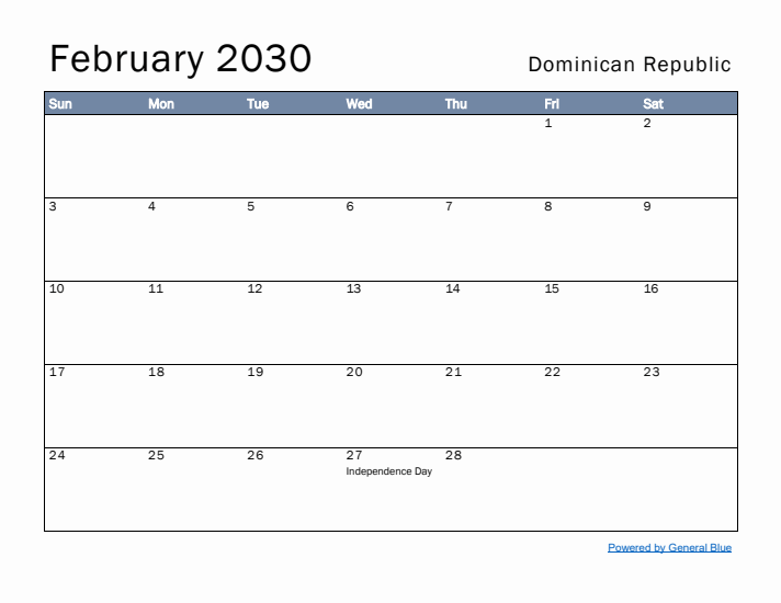 February 2030 Simple Monthly Calendar for Dominican Republic