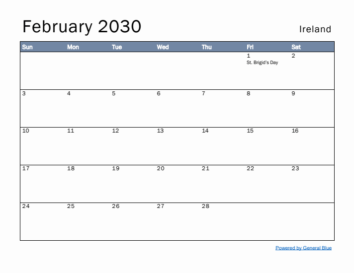 February 2030 Simple Monthly Calendar for Ireland