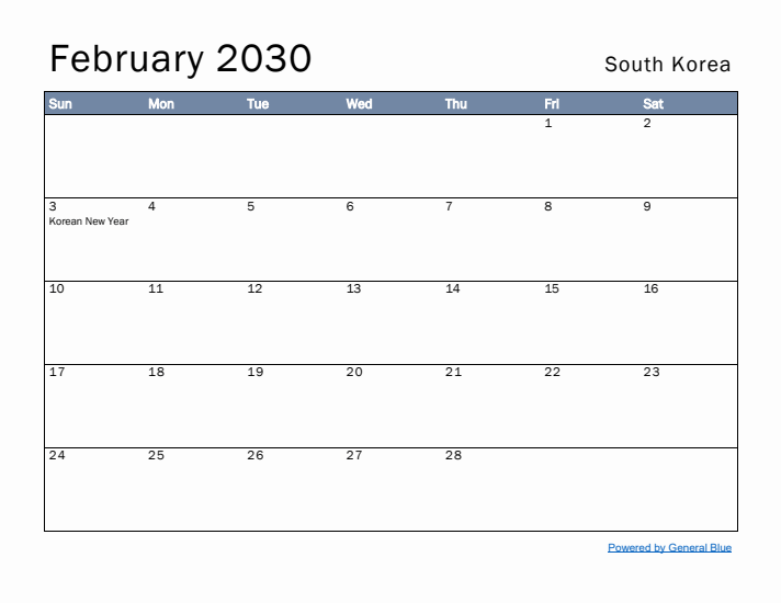 February 2030 Simple Monthly Calendar for South Korea