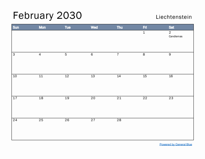 February 2030 Simple Monthly Calendar for Liechtenstein