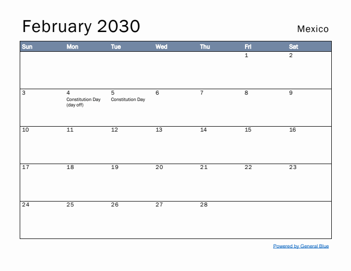 February 2030 Simple Monthly Calendar for Mexico