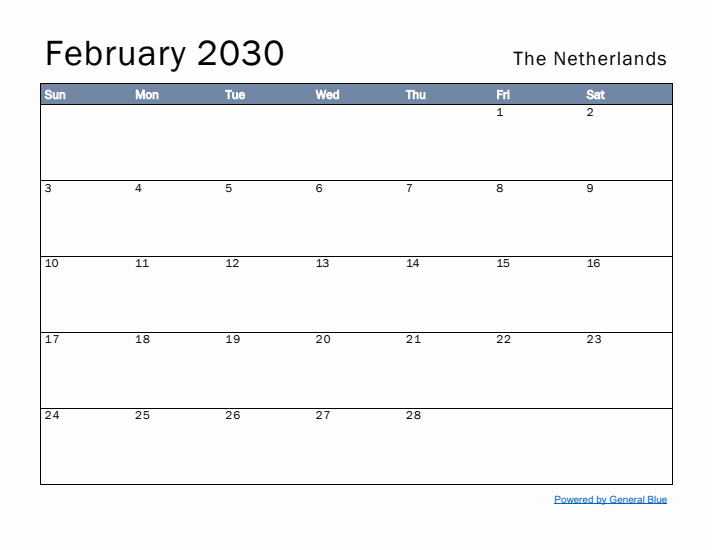 February 2030 Simple Monthly Calendar for The Netherlands