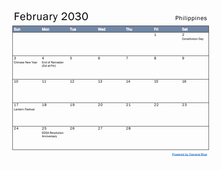 February 2030 Simple Monthly Calendar for Philippines