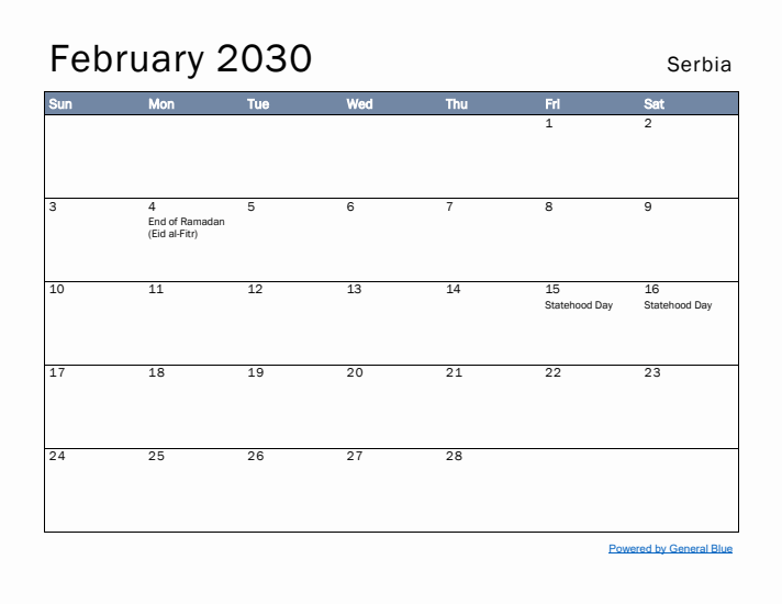 February 2030 Simple Monthly Calendar for Serbia