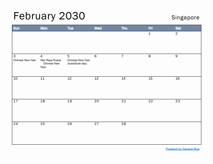 February 2030 Simple Monthly Calendar for Singapore