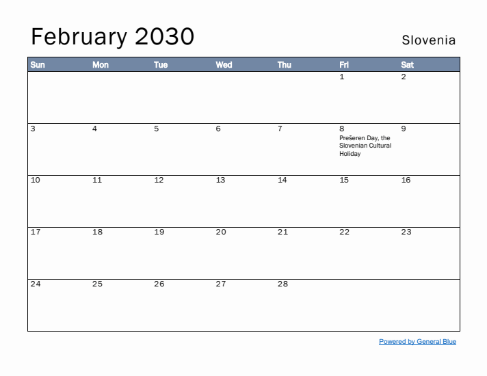 February 2030 Simple Monthly Calendar for Slovenia