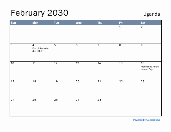 February 2030 Simple Monthly Calendar for Uganda