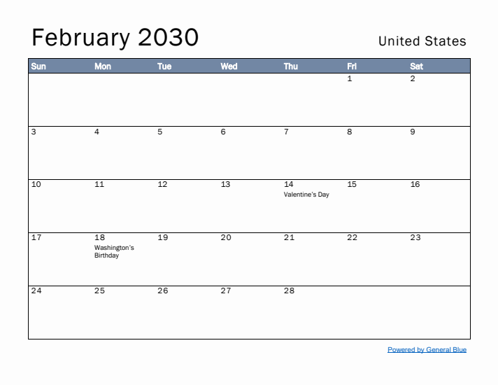 February 2030 Simple Monthly Calendar for United States