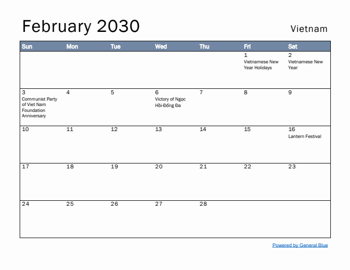 February 2030 Simple Monthly Calendar for Vietnam