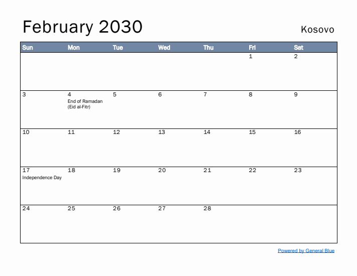 February 2030 Simple Monthly Calendar for Kosovo