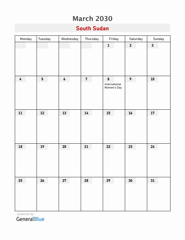 South Sudan March 2030 Calendar with Holidays
