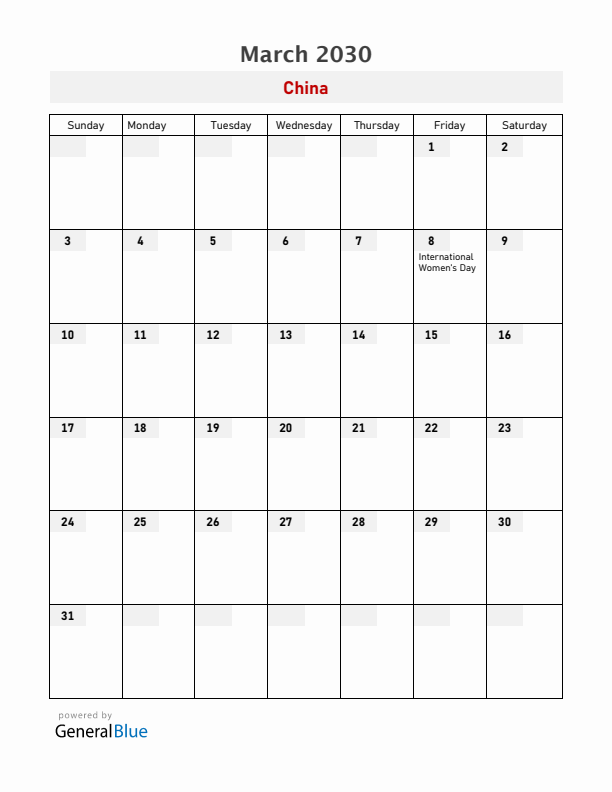 China March 2030 Calendar with Holidays