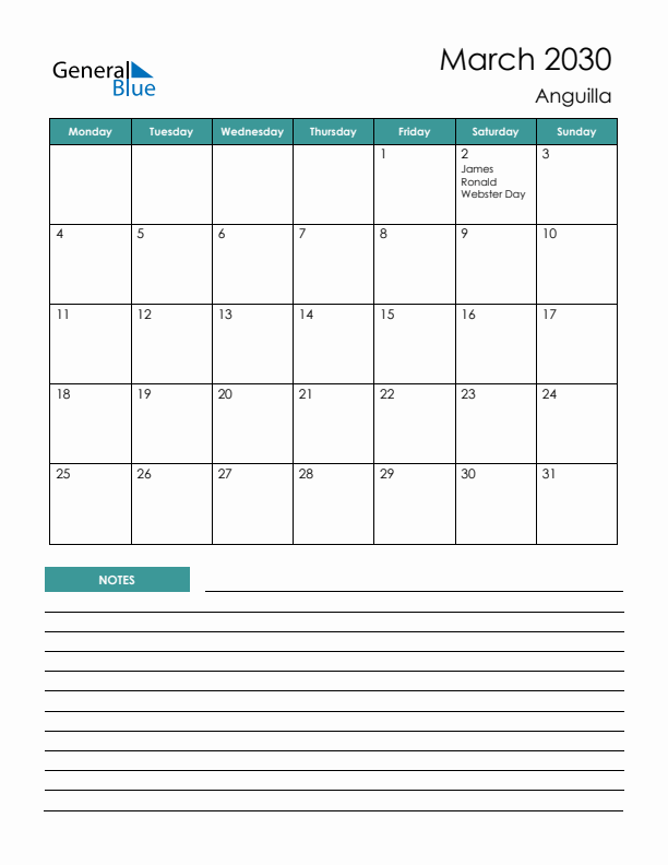 Calendar with Notes Printable - Monday Start