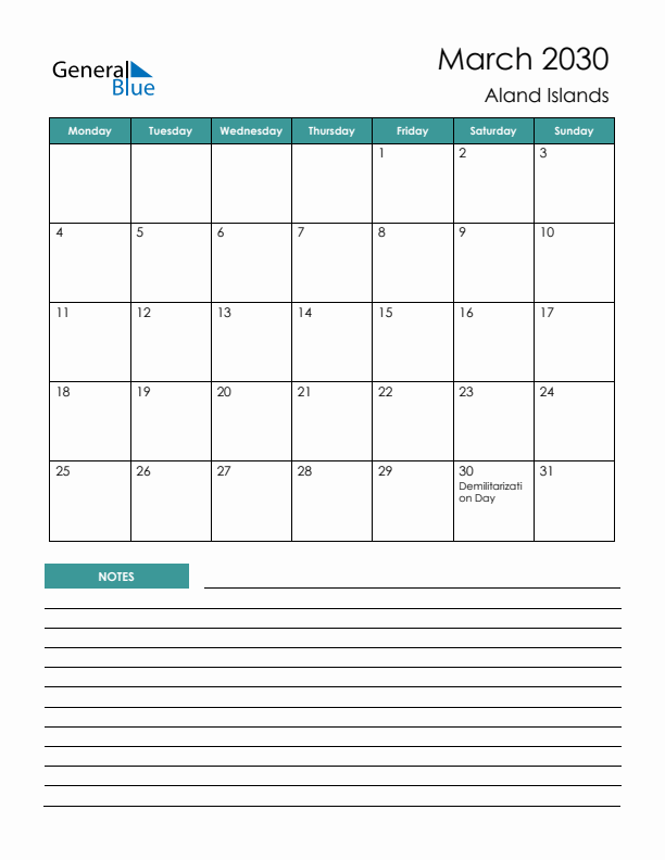 Calendar with Notes Printable - Monday Start