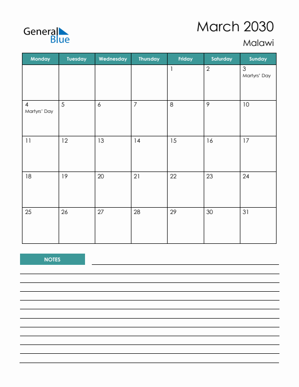 Calendar with Notes Printable - Monday Start