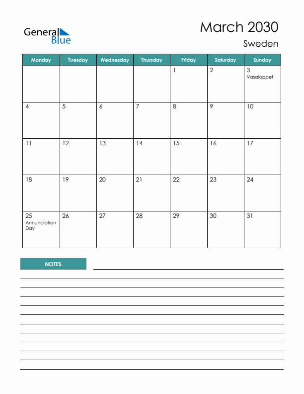 Calendar with Notes Printable - Monday Start