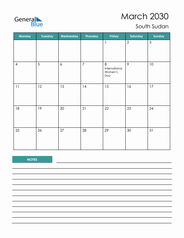 Calendar with Notes Printable - Monday Start