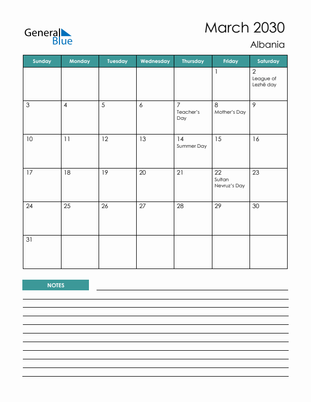 Calendar with Notes Printable - Sunday Start