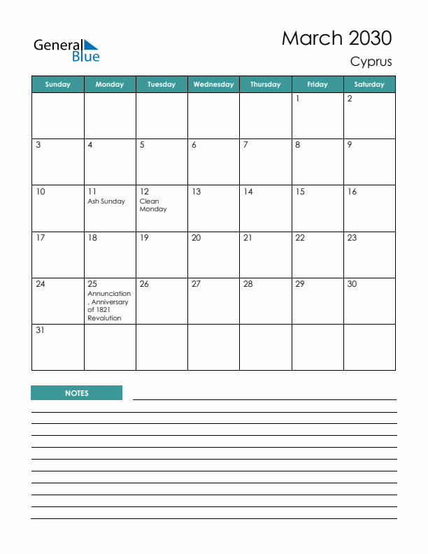 Calendar with Notes Printable - Sunday Start