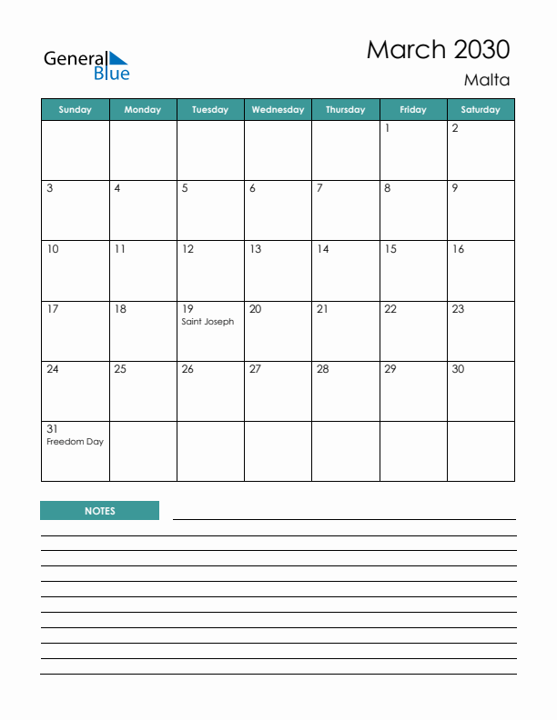 Calendar with Notes Printable - Sunday Start