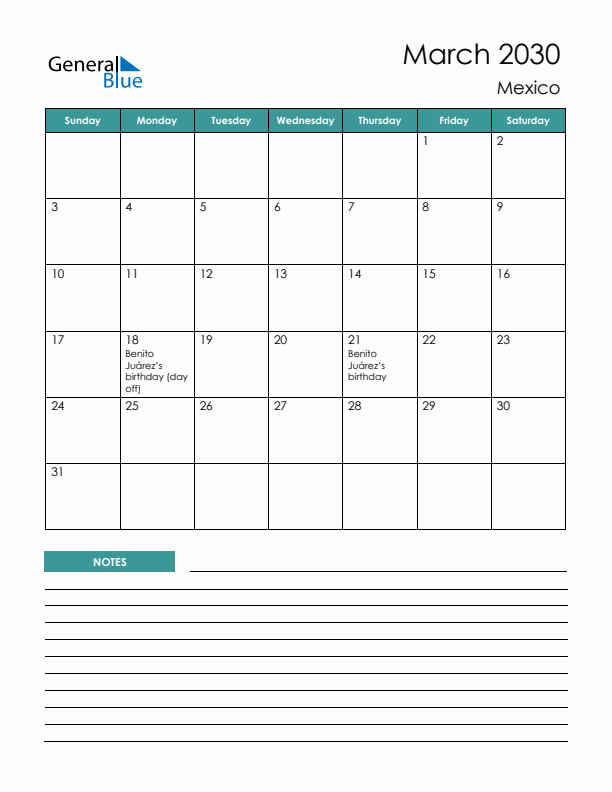 Calendar with Notes Printable - Sunday Start