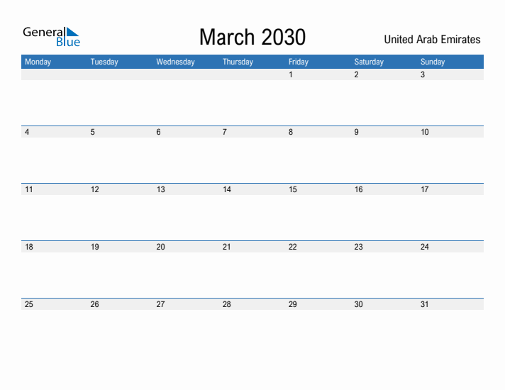 Fillable March 2030 Calendar