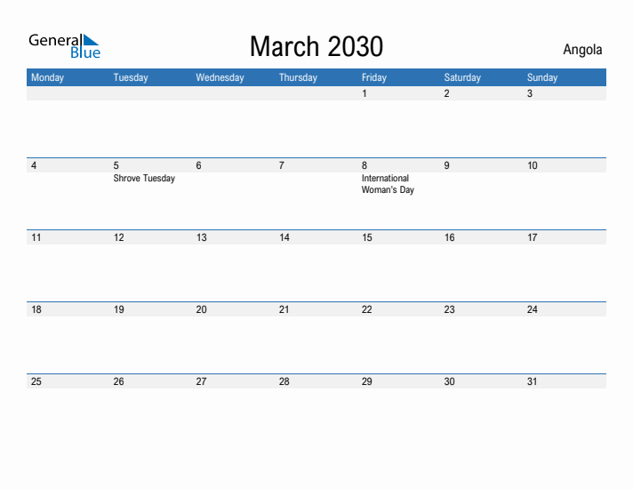 Fillable March 2030 Calendar