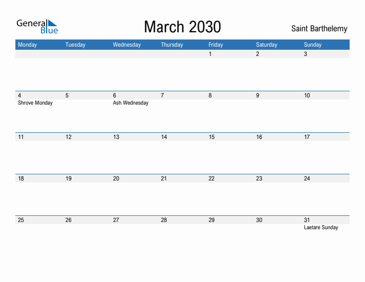 Fillable March 2030 Calendar