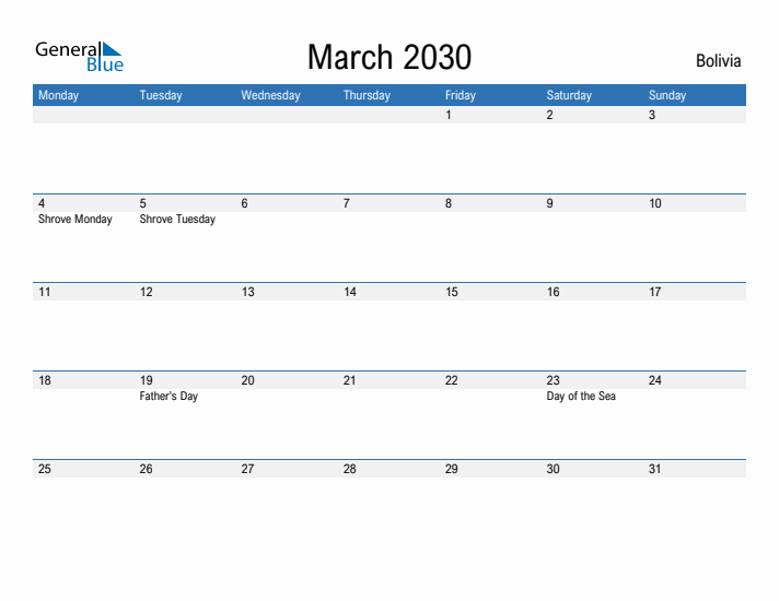 Fillable March 2030 Calendar