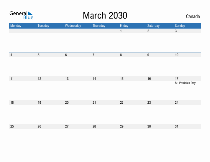 Fillable March 2030 Calendar